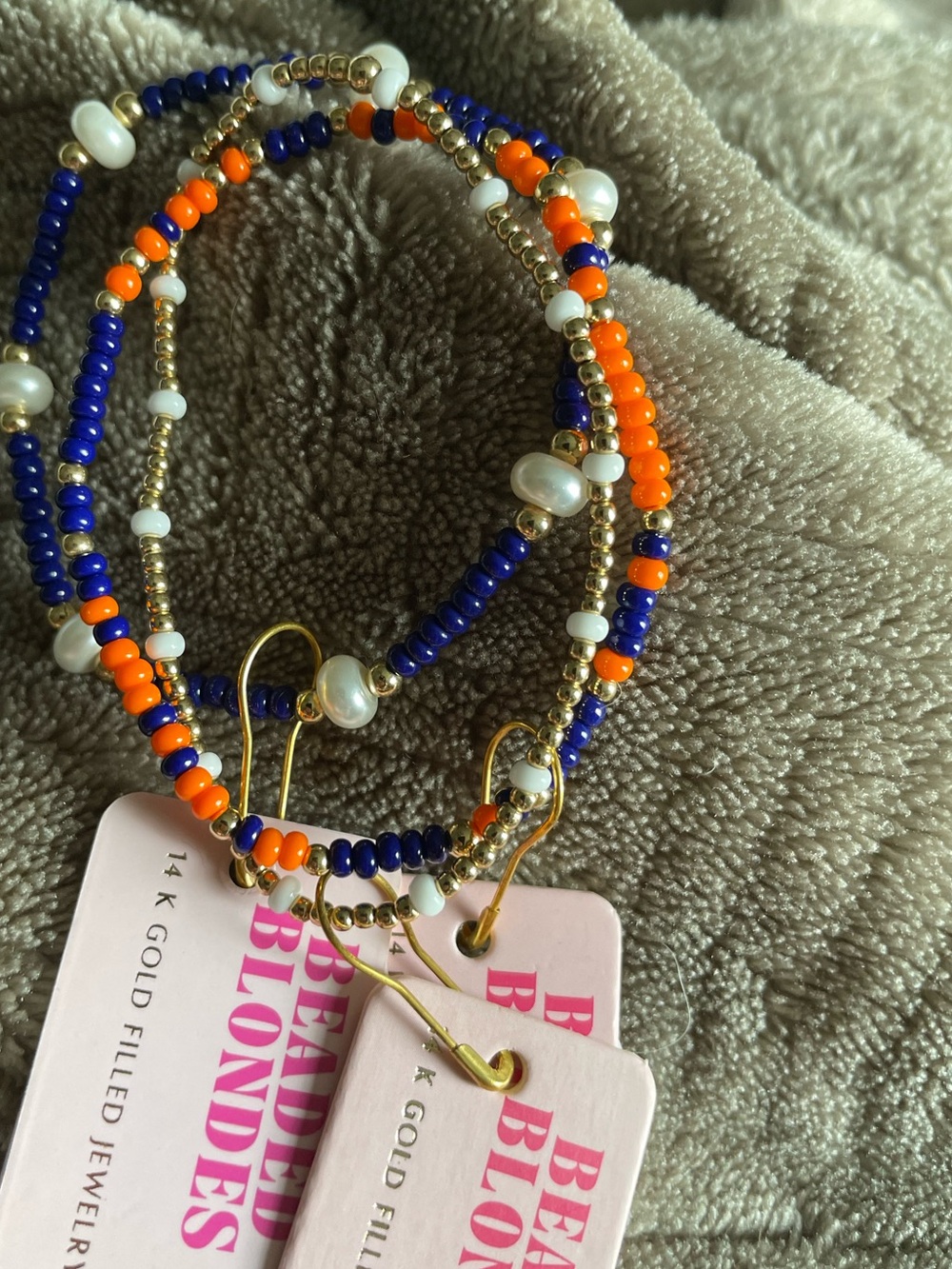 Beaded Blonde Navy & Orange Bead Bracelet Trio with Pearl Accents NWT